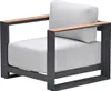 A single outdoor lounge chair with gray cushions and wooden armrests on a white background. Produktbild-Vorschau