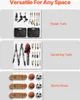 Three sections showing different types of items organized on wall panels: repair tools, gardening tools, and sports equipment. Produktbild-Vorschau