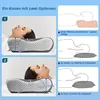 An instructional image showing how to use an ergonomic memory foam pillow for proper neck alignment. Produktbild-Vorschau