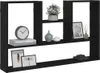 A black wooden wall shelf unit with various decorative items placed on its shelves. Náhľad obrázku produktu