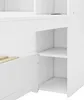 A close-up view of a white furniture piece, likely a bed frame or storage unit, showing open shelves and a drawer. Produktbild-Vorschau