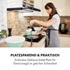 A woman is cooking in a modern kitchen, with a range hood overhead. There is text at the bottom of the image describing product features. Produktbild-Vorschau