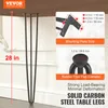 A close-up of black hairpin table legs attached to a wooden surface, with diagrams showing dimensions and features. Náhled obrázku produktu