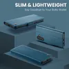 A blue leather wallet case for a smartphone is displayed in multiple angles on blue geometric pedestals against a blue background. Produktbild-Vorschau