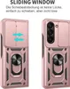 Two views of a rose gold phone case with a sliding camera cover and a ring holder. Produktbild-Vorschau