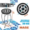 A mosaic side table with dimensions and weight limit indicated, placed on a tiled floor. Produktbild-Vorschau
