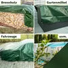 A collage of four images showing different uses of a green tarp: covering firewood, garden furniture, a vehicle, and a swimming pool. Produktbild-Vorschau