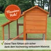 A wooden chicken coop with an attached run, set in a grassy outdoor area with trees in the background. Produktbild-Vorschau