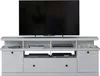 A white TV stand with a black television on top, against a white background. Produktbild-Vorschau