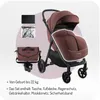 A burgundy stroller with accessories displayed next to it, set against a light purple and white background. Náhľad obrázku produktu