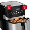A close-up shot of a black and silver air fryer with chicken wings inside the basket. The digital display shows '200'. Red overlays indicate timer and temperature settings. Produktbild-Vorschau