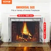 A fireplace screen is shown in front of a fireplace with a fire burning. Text overlays indicate dimensions and features. Náhled obrázku produktu