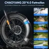 Close-up of a fat bike tire with text and images describing its suitability for various terrains. Produktbild-Vorschau