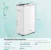 A white dehumidifier with dimensions and product information displayed. Produktbild-Vorschau