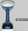 A blue and white TEFAL hand steamer is shown against a plain gray background, with a marketing overlay indicating a 15-second heat-up time. Produktbild-Vorschau