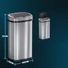 Two stainless steel sensor trash cans of different sizes against a dark blue background, with dimensions indicated for the larger one. Náhľad obrázku produktu