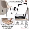 Collage of images showcasing a beige velvet chair with black legs, highlighting its features and materials. Produktbild-Vorschau