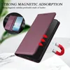 A purple flip phone case is shown with a phone inside, demonstrating its magnetic closure feature with red arrows and a magnet icon. Náhled obrázku produktu