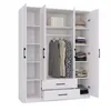 A white wardrobe with multiple doors and drawers, displaying clothes and folded items inside. Anteprima dell’immagine prodotto
