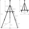 Diagram showing the dimensions of a black tripod easel. Produktbild-Vorschau