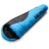 A blue and black sleeping bag is shown lying on a white background. Produktbild-Vorschau
