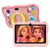 A pink children's tablet with cartoon space-themed decorations on the back, and a screen displaying cartoon characters. Produktbild-Vorschau