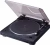A black Denon DP-29F turntable with its dust cover open, shown from a slightly elevated front-left angle against a white background. Voir les images du produit