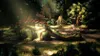 A fantasy-themed scene in a forest with a large, green, dragon-like creature in the foreground and two small characters and a dog in the background. Produktbild-Vorschau