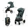 A collage of images showing a green stroller from different angles, with dimensions indicated by text and lines. Anteprima dell’immagine prodotto