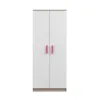 A white two-door wardrobe with light brown trim and pink handles, presented against a white background. Náhľad obrázku produktu