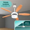 A ceiling fan with wooden blades, partially assembled, shown with a close-up inset illustrating its angled installation capability. Produktbild-Vorschau