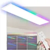 A rectangular LED panel light with RGB backlight is shown mounted on a ceiling. Below the light, there are visual representations of different color options and a remote control. Produktbild-Vorschau