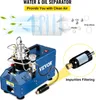 A blue high-pressure air compressor with text overlays explaining its water and oil separation and impurity filtering features. Anteprima dell’immagine prodotto