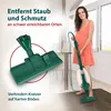 A woman is holding a vacuum cleaner, with a close-up of the vacuum head in a circle. Produktbild-Vorschau