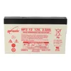 A white lead-acid battery with product information and safety warnings printed on it. Voir les images du produit