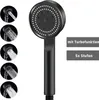 A black shower head with multiple water spray patterns shown in circular insets, and feature callouts. Produktbild-Vorschau