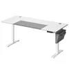 A white and gray adjustable standing desk with a side storage organizer. Produktbild-Vorschau