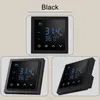 A collage of three images showing a black digital thermostat for underfloor heating from different angles. Voir les images du produit