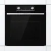 A front view of a black Gorenje oven with a silver handle and control panel, set against a white tiled background. Produktbild-Vorschau