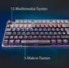 A close-up view of a mechanical gaming keyboard with LED lighting, highlighting specific keys. Produktbild-Vorschau