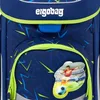 Close-up of a blue backpack with a soccer-themed design and a graphic of a soccer player. Produktbild-Vorschau