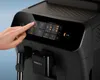 A hand is shown pressing a button on the touchscreen of a black espresso machine. Voir les images du produit
