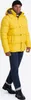 A man wearing a yellow puffer jacket and blue jeans, standing against a white background.