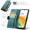 A teal leather wallet-style phone case is shown open, displaying card slots and a cash slot, with a phone inside. The phone screen shows the time and date. A separate image shows the closed case. Produktbild-Vorschau