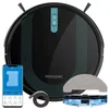 A black robot vacuum cleaner with teal accents is displayed alongside its accessories and a smartphone showing its app interface. Náhled obrázku produktu