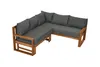 A sectional outdoor sofa with dark gray cushions and a wooden frame, shown against a white background. Produktbild-Vorschau