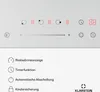 A close-up view of a white induction hob control panel with digital displays and icons, accompanied by a list of features with icons. Produktbild-Vorschau