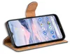 A book-style phone case for a Nokia 2.4 is shown open, displaying the phone's screen. Produktbild-Vorschau