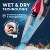 A red and black handheld vacuum cleaner is shown with blue liquid and dirt splashing around its nozzle, illustrating its wet and dry cleaning capabilities. Text highlights its features. Produktbild-Vorschau