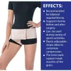 A person wearing a hernia support belt, with text describing its effects. Produktbild-Vorschau